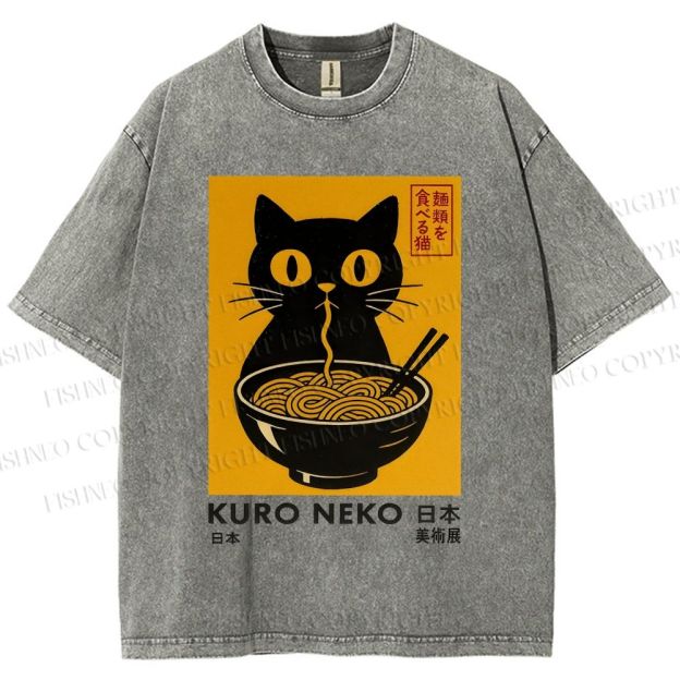 Unisex Kuro Neko Cat Printed Washed Tee