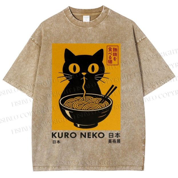 Unisex Kuro Neko Cat Printed Washed Tee