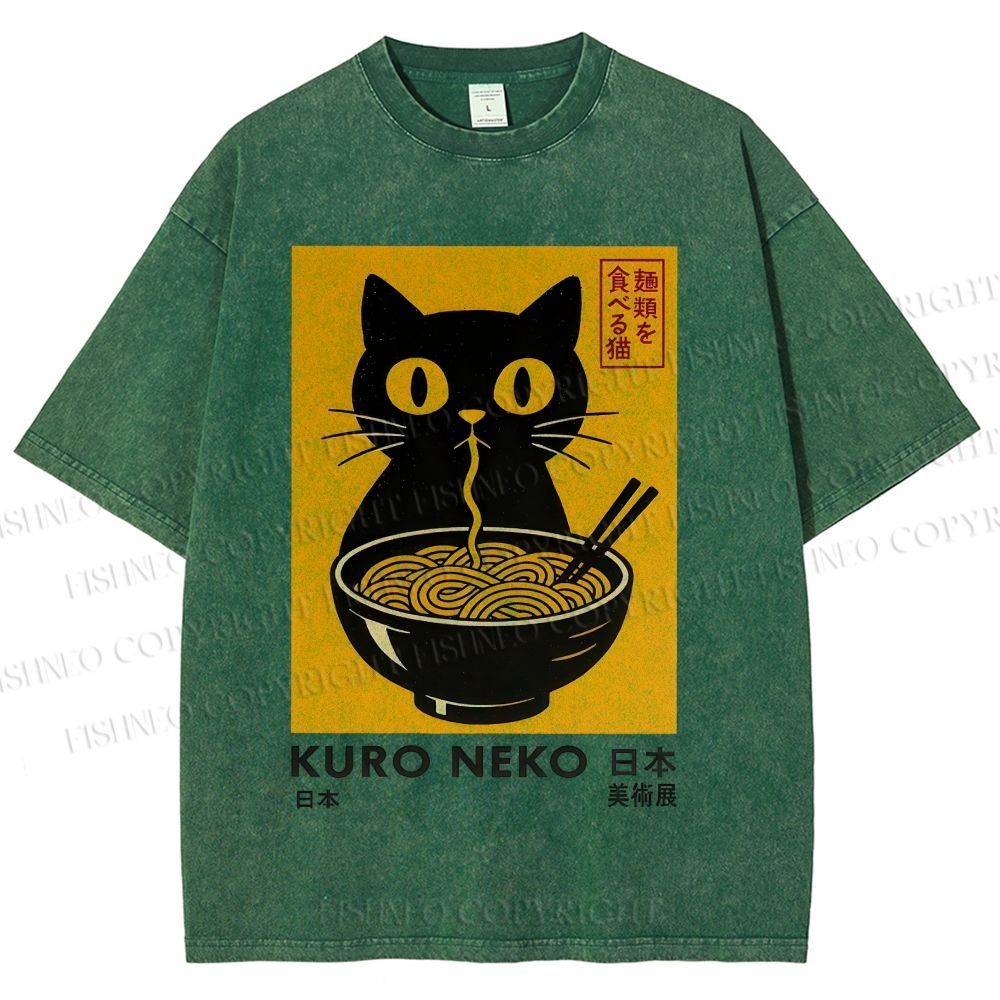 Unisex Kuro Neko Cat Printed Washed Tee