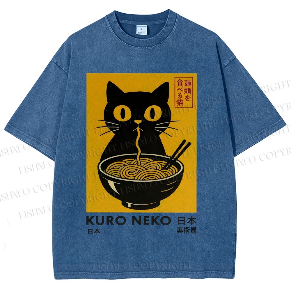 Unisex Kuro Neko Cat Printed Washed Tee