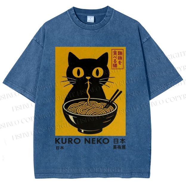 Unisex Kuro Neko Cat Printed Washed Tee