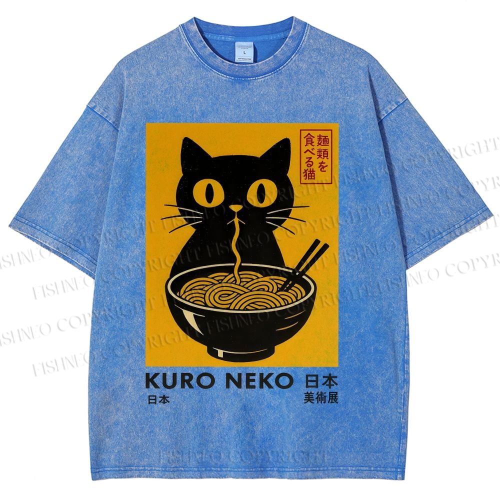 Unisex Kuro Neko Cat Printed Washed Tee