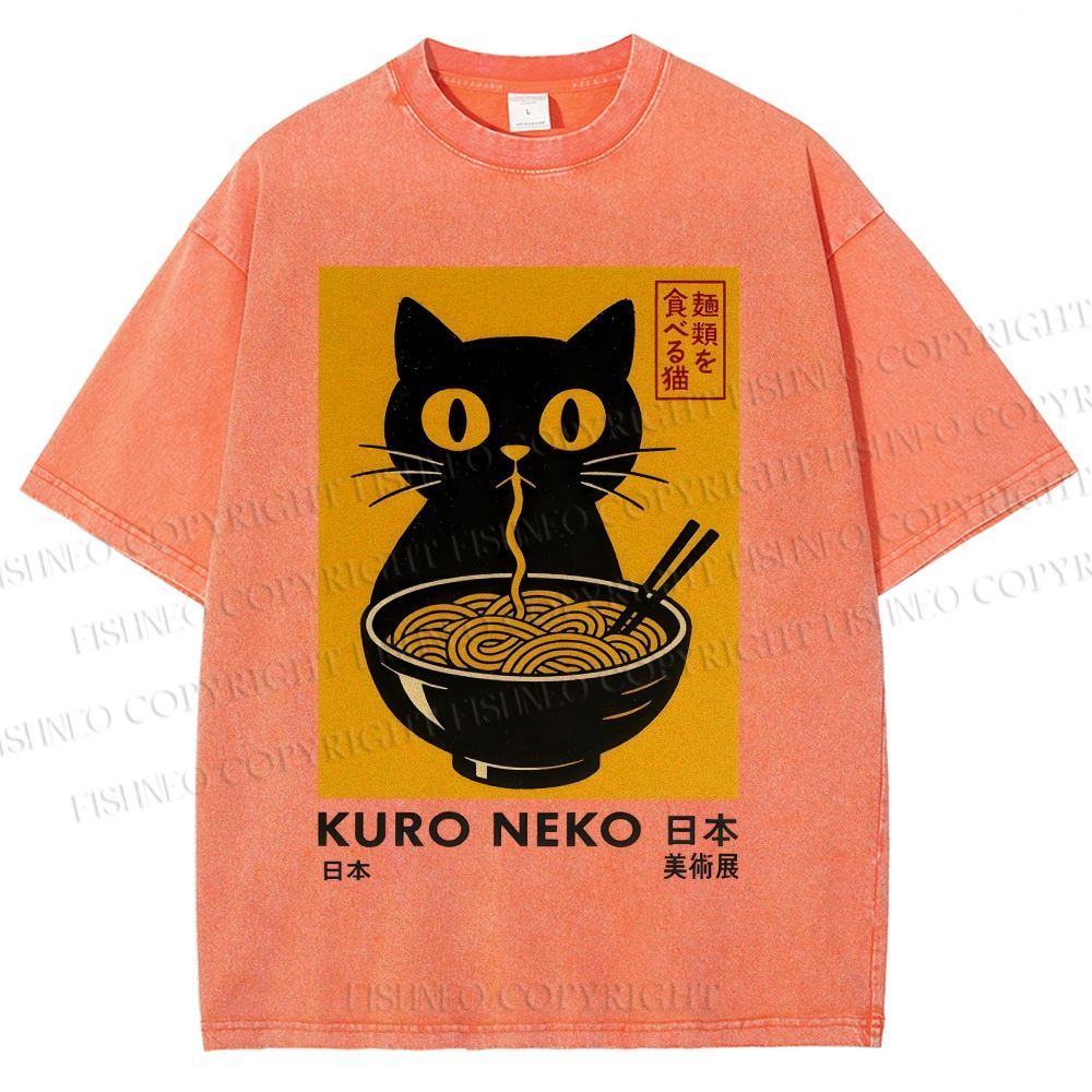 Unisex Kuro Neko Cat Printed Washed Tee