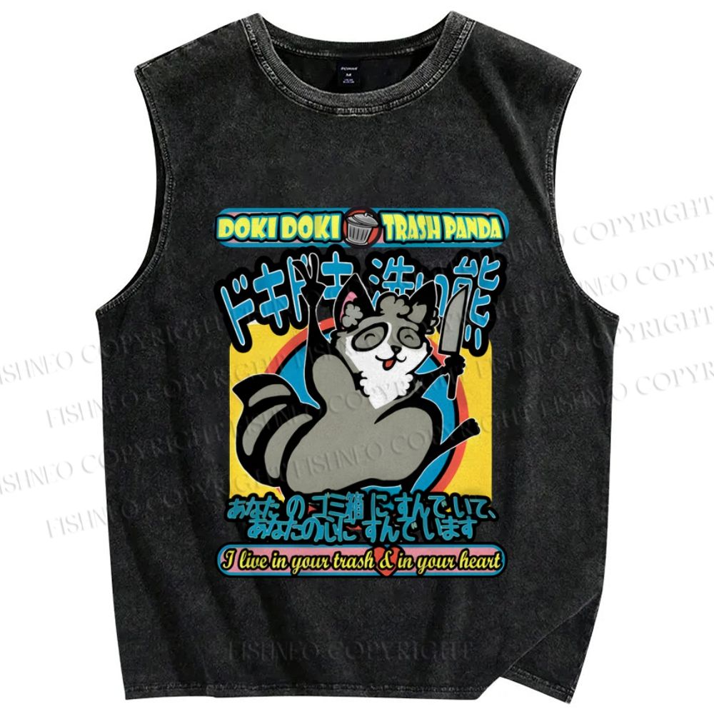 Unisex Doki Doki Trash Panda Printed Washed Tank Top