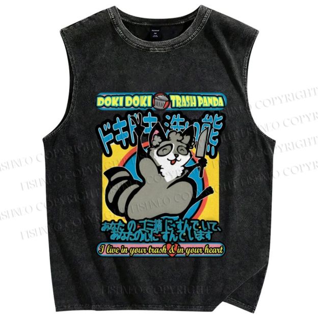 Unisex Doki Doki Trash Panda Printed Washed Tank Top