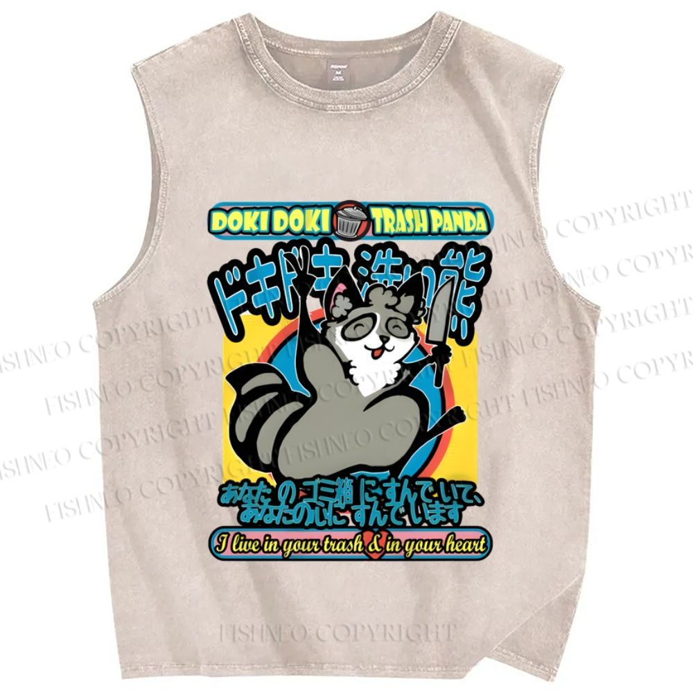 Unisex Doki Doki Trash Panda Printed Washed Tank Top