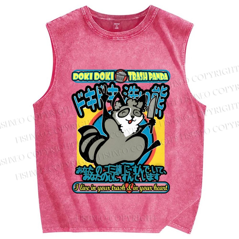 Unisex Doki Doki Trash Panda Printed Washed Tank Top