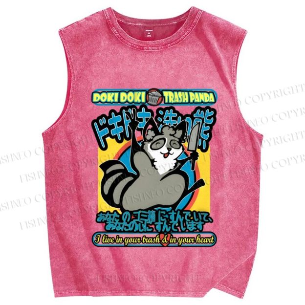 Unisex Doki Doki Trash Panda Printed Washed Tank Top