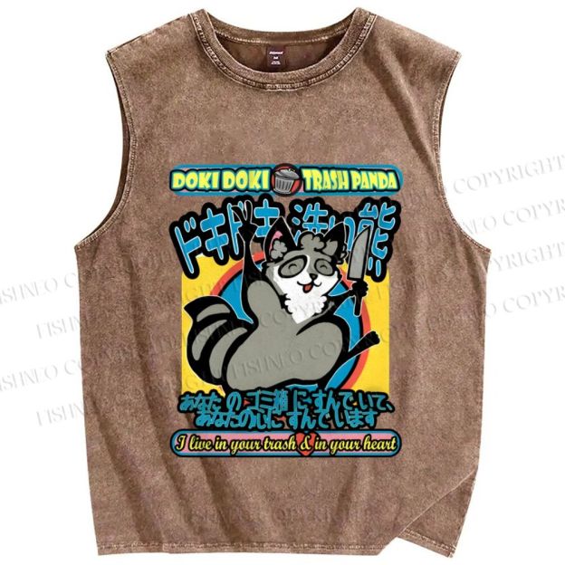 Unisex Doki Doki Trash Panda Printed Washed Tank Top