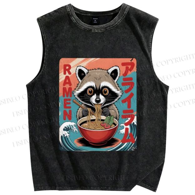 Unisex Cute Japanese Kawaii Raccoon Eating Ramen Printed Washed Tank Top
