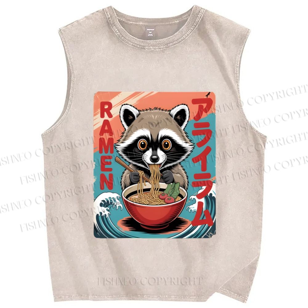 Unisex Cute Japanese Kawaii Raccoon Eating Ramen Printed Washed Tank Top