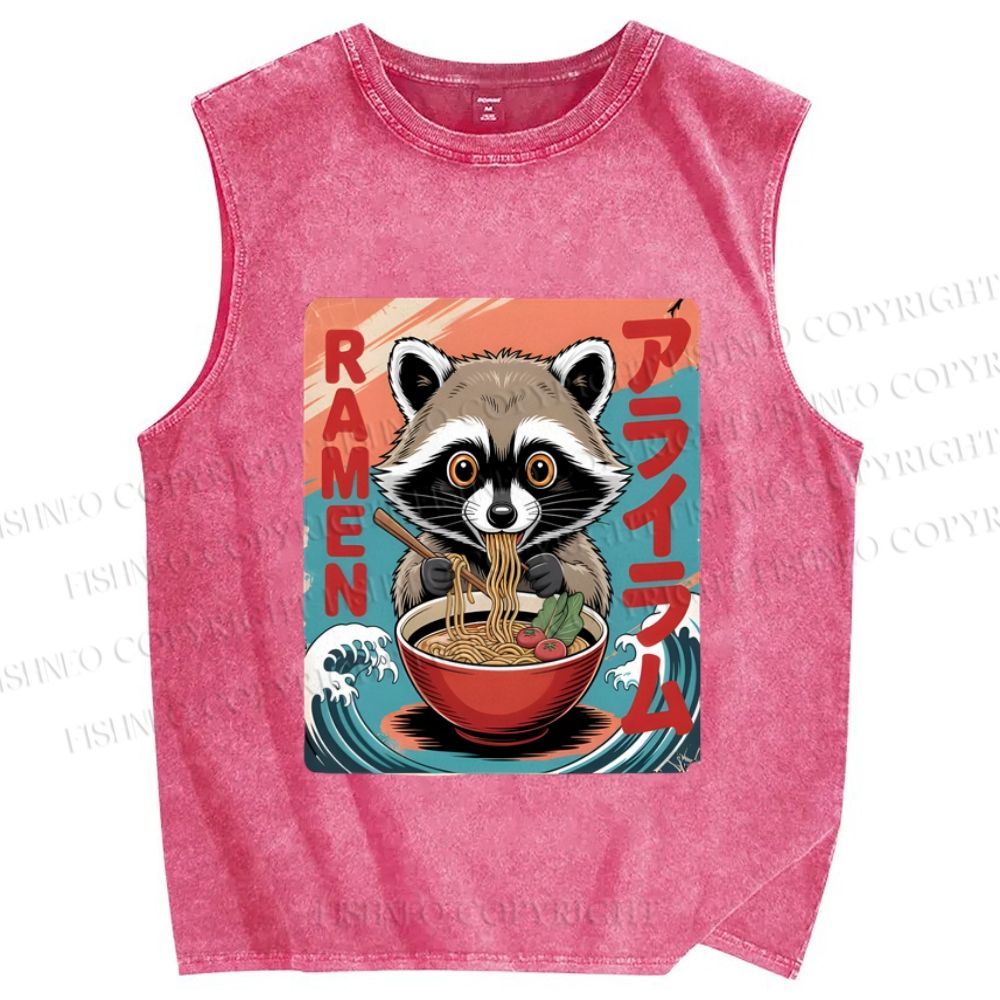 Unisex Cute Japanese Kawaii Raccoon Eating Ramen Printed Washed Tank Top