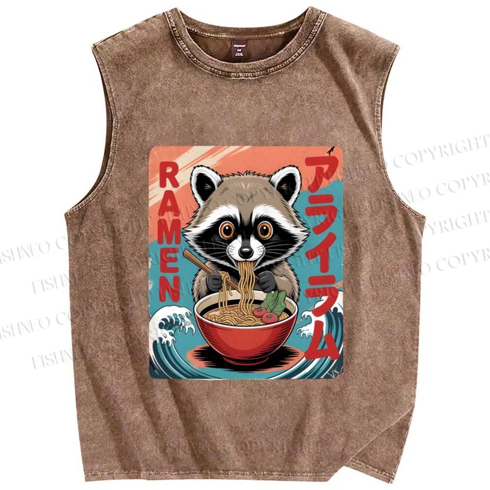 Unisex Cute Japanese Kawaii Raccoon Eating Ramen Printed Washed Tank Top