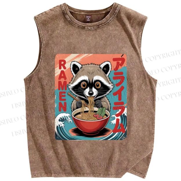 Unisex Cute Japanese Kawaii Raccoon Eating Ramen Printed Washed Tank Top
