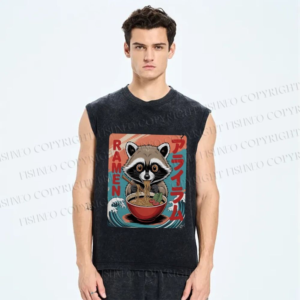 Unisex Cute Japanese Kawaii Raccoon Eating Ramen Printed Washed Tank Top