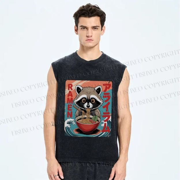Unisex Cute Japanese Kawaii Raccoon Eating Ramen Printed Washed Tank Top