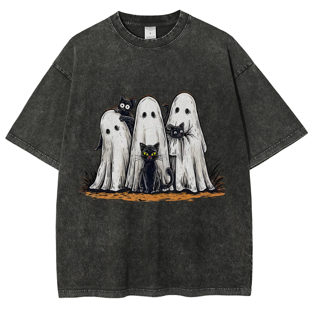 Black Cat Ghost Halloween Washed T-Shirt