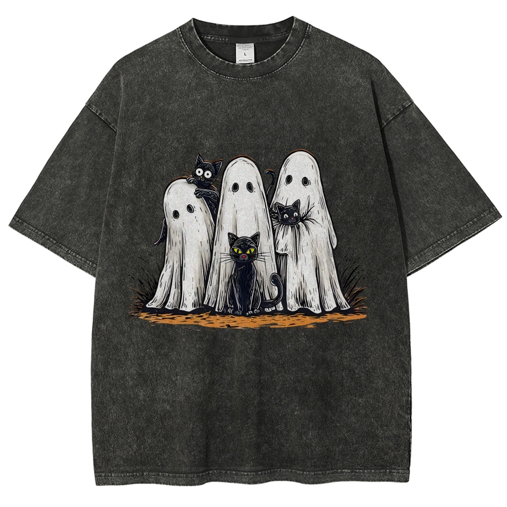 Black Cat Ghost Halloween Washed T-Shirt