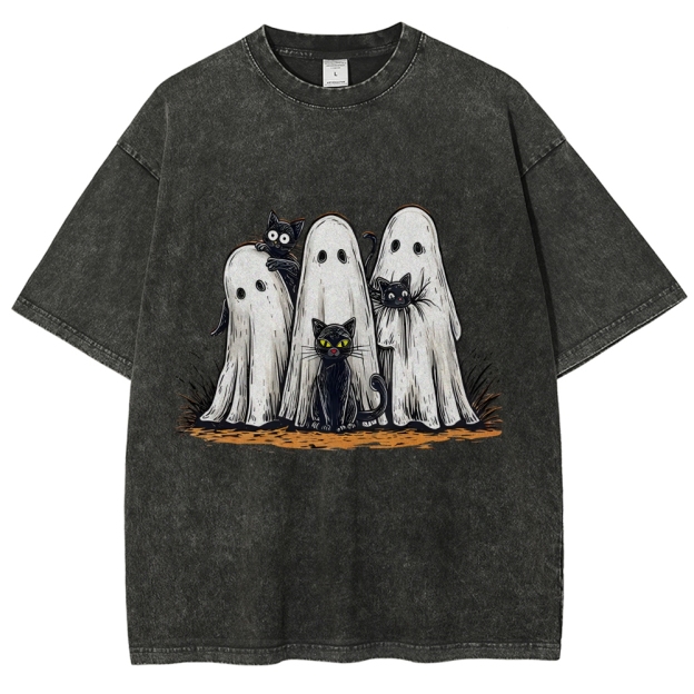 Black Cat Ghost Halloween Washed T-Shirt