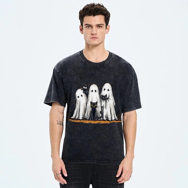 Black Cat Ghost Halloween Washed T-Shirt