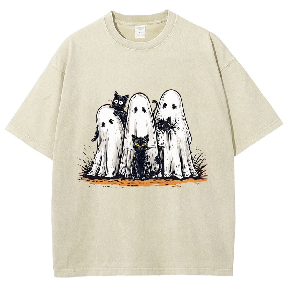 Black Cat Ghost Halloween Washed T-Shirt