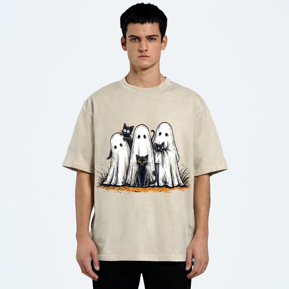 Black Cat Ghost Halloween Washed T-Shirt