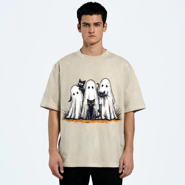 Black Cat Ghost Halloween Washed T-Shirt