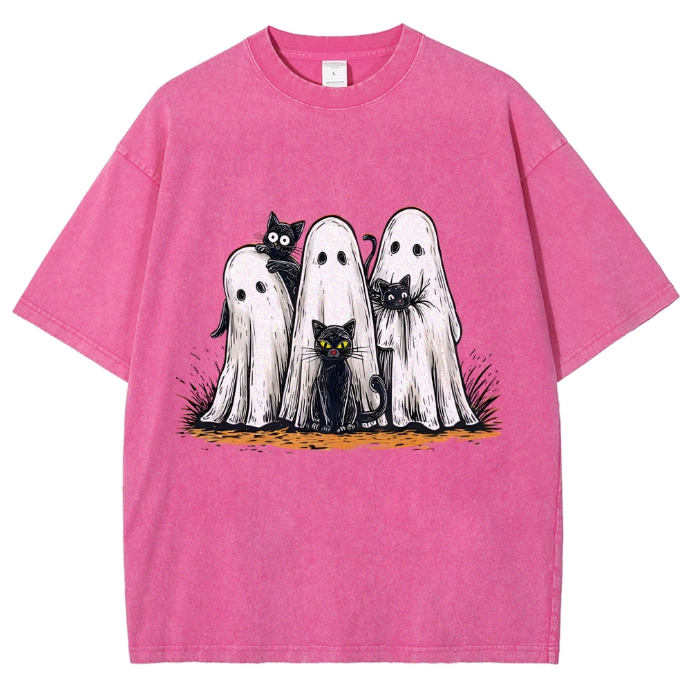 Black Cat Ghost Halloween Washed T-Shirt
