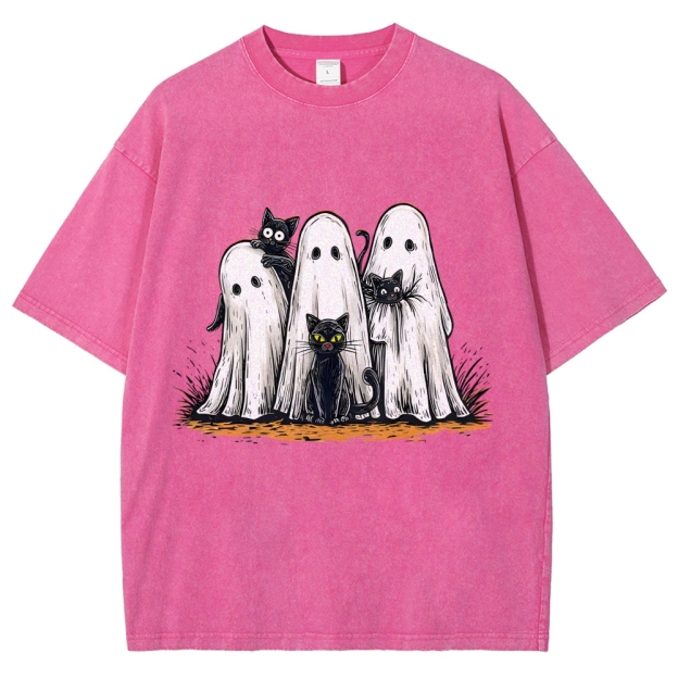 Black Cat Ghost Halloween Washed T-Shirt