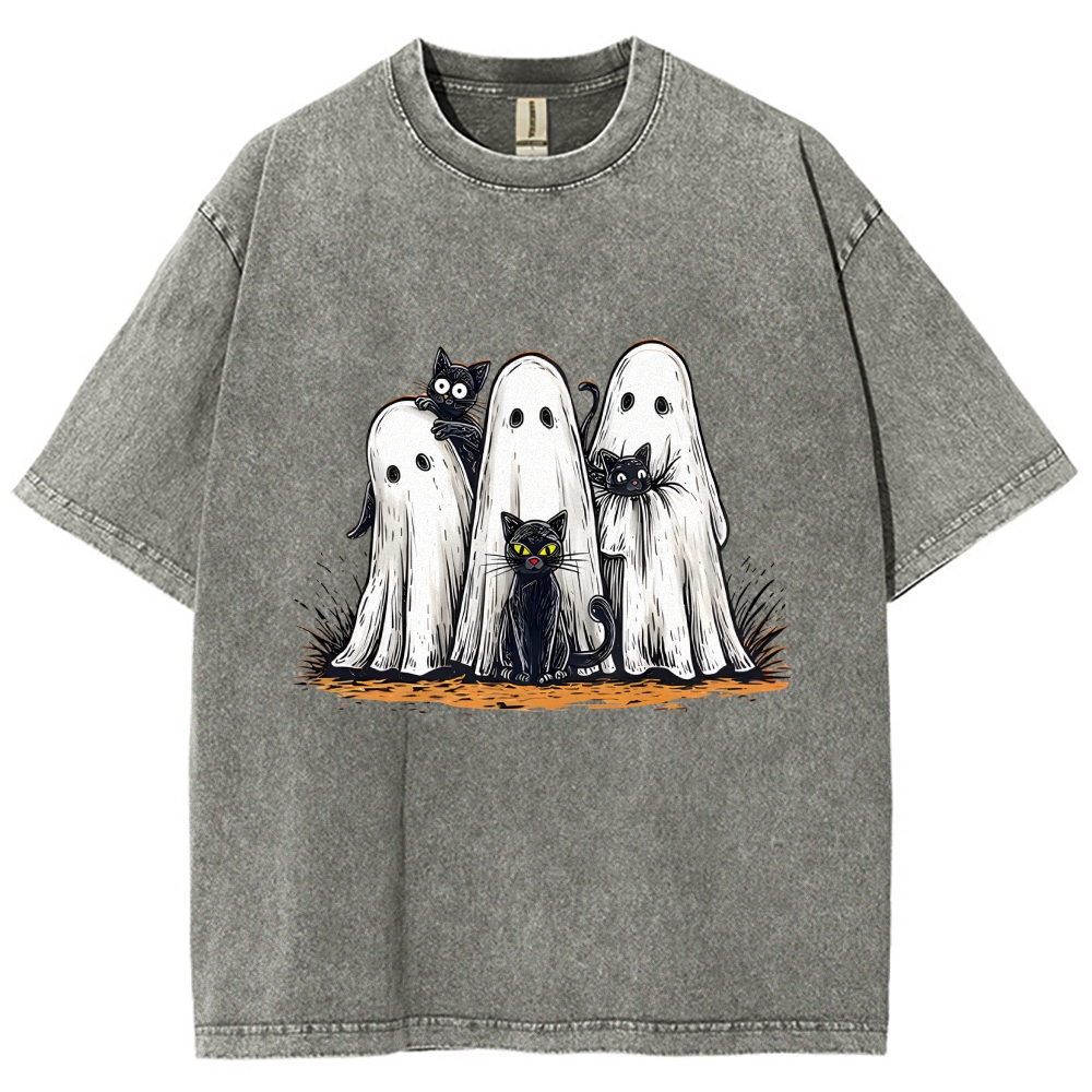 Black Cat Ghost Halloween Washed T-Shirt