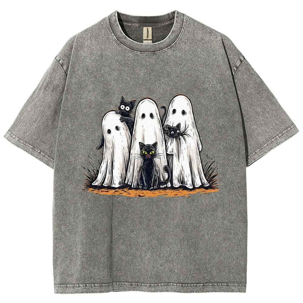 Black Cat Ghost Halloween Washed T-Shirt