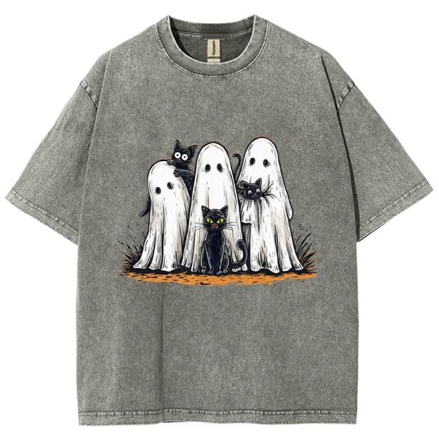 Black Cat Ghost Halloween Washed T-Shirt