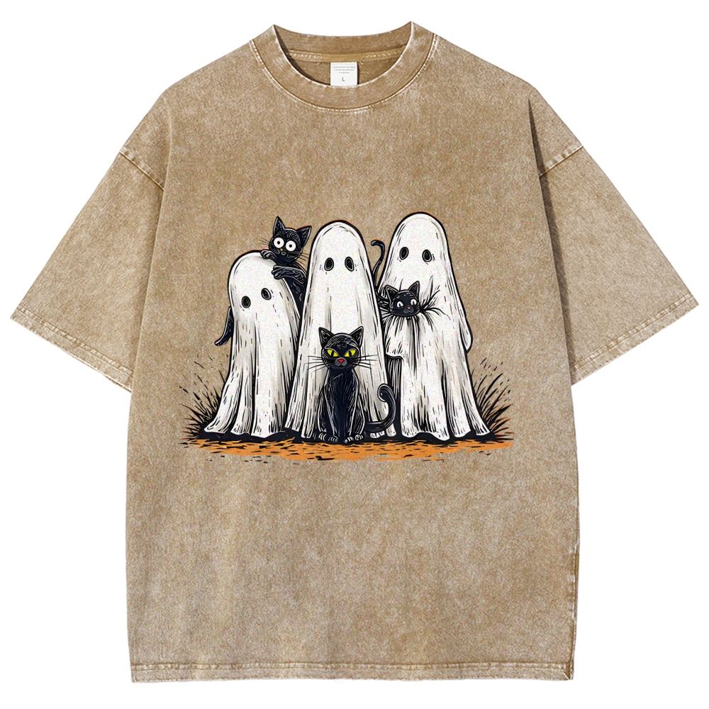 Black Cat Ghost Halloween Washed T-Shirt