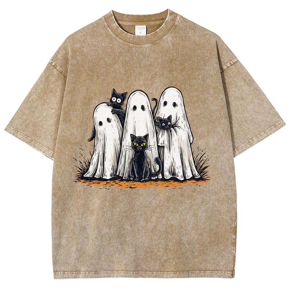 Black Cat Ghost Halloween Washed T-Shirt