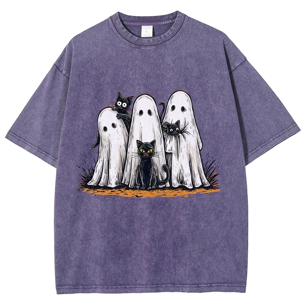 Black Cat Ghost Halloween Washed T-Shirt