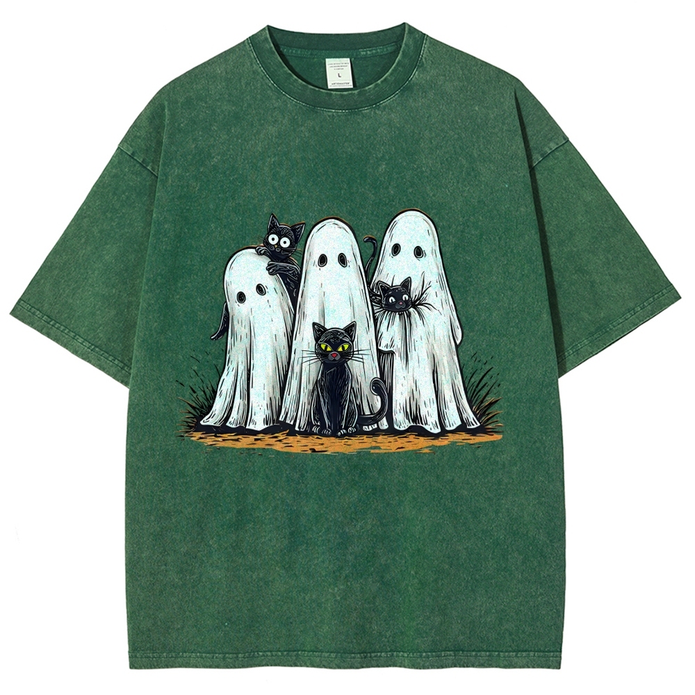 Black Cat Ghost Halloween Washed T-Shirt