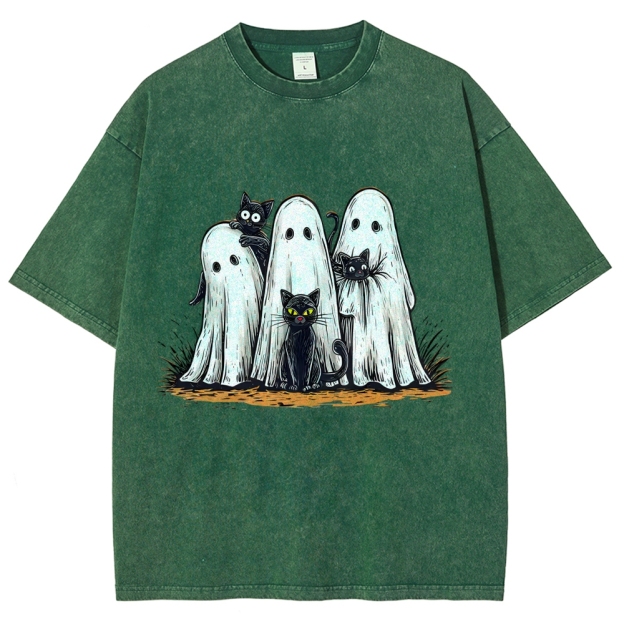 Black Cat Ghost Halloween Washed T-Shirt