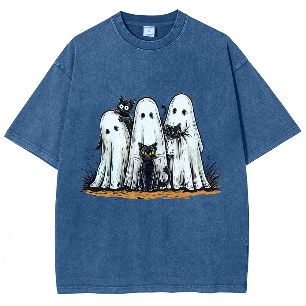 Black Cat Ghost Halloween Washed T-Shirt