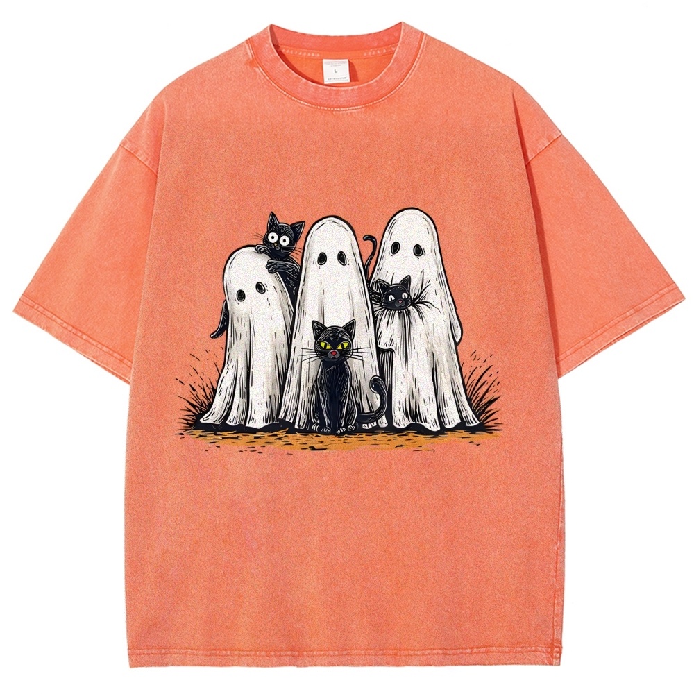 Black Cat Ghost Halloween Washed T-Shirt