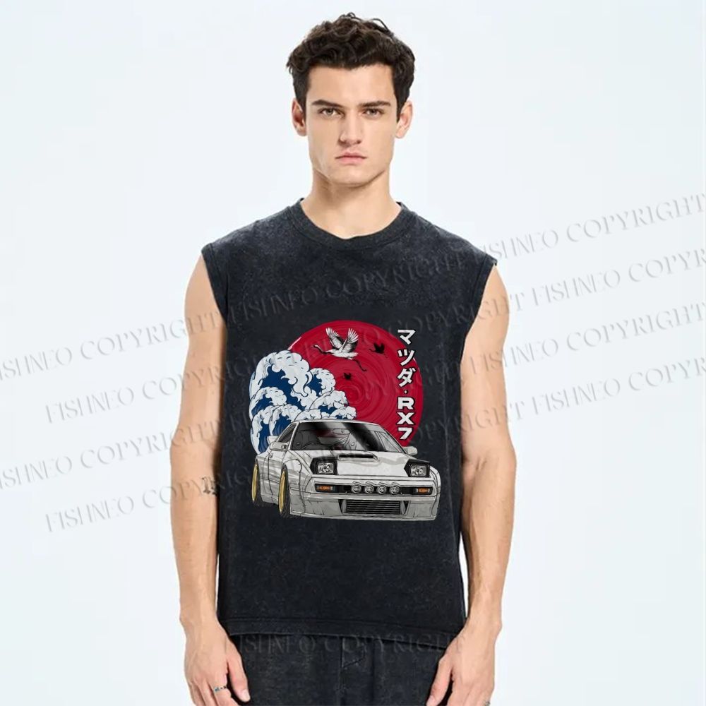Unisex Japanese Racing Car Printed Washed Tank Top