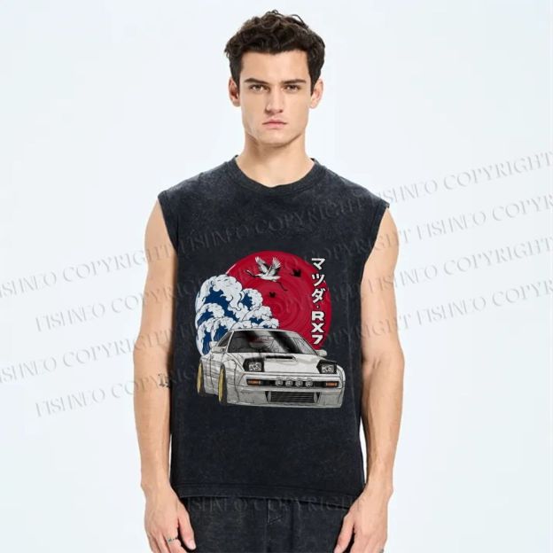 Unisex Japanese Racing Car Printed Washed Tank Top