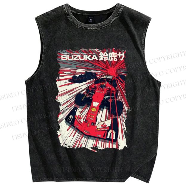 Unisex Japanese Racing Car Printed Washed Tank Top