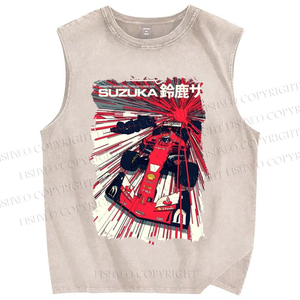 Unisex Japanese Racing Car Printed Washed Tank Top