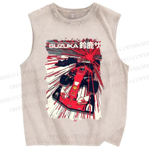Unisex Japanese Racing Car Printed Washed Tank Top