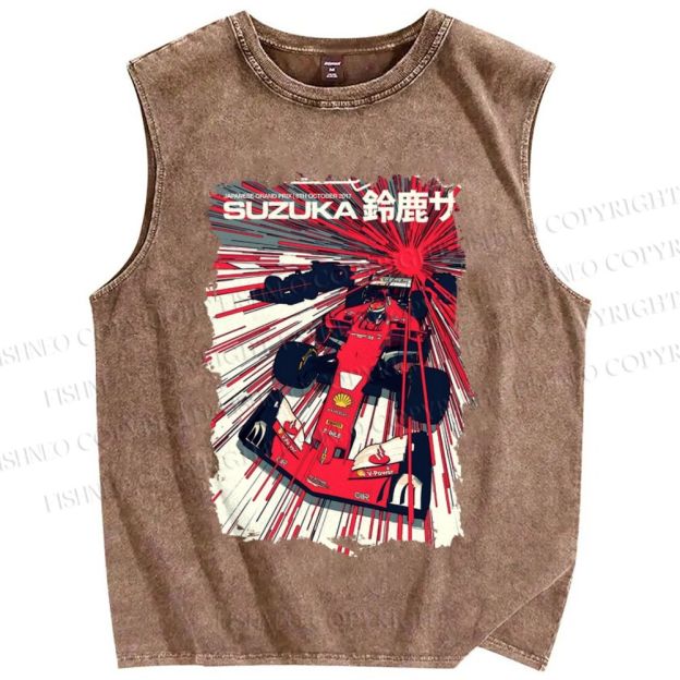 Unisex Japanese Racing Car Printed Washed Tank Top