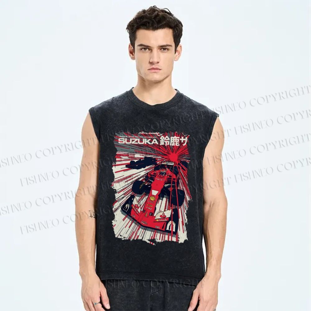 Unisex Japanese Racing Car Printed Washed Tank Top