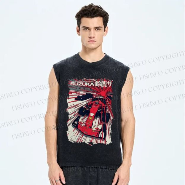 Unisex Japanese Racing Car Printed Washed Tank Top