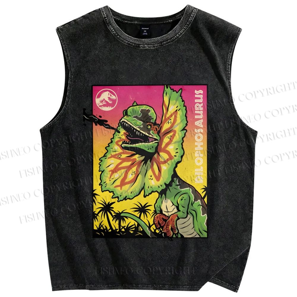 Unisex Dinosaur Graffiti Vintage Printed Washed Tank Top