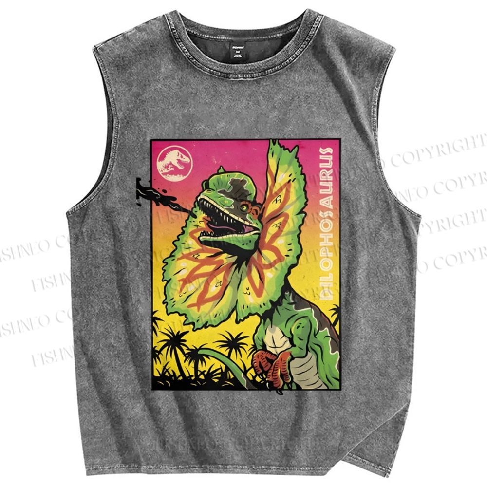 Unisex Dinosaur Graffiti Vintage Printed Washed Tank Top
