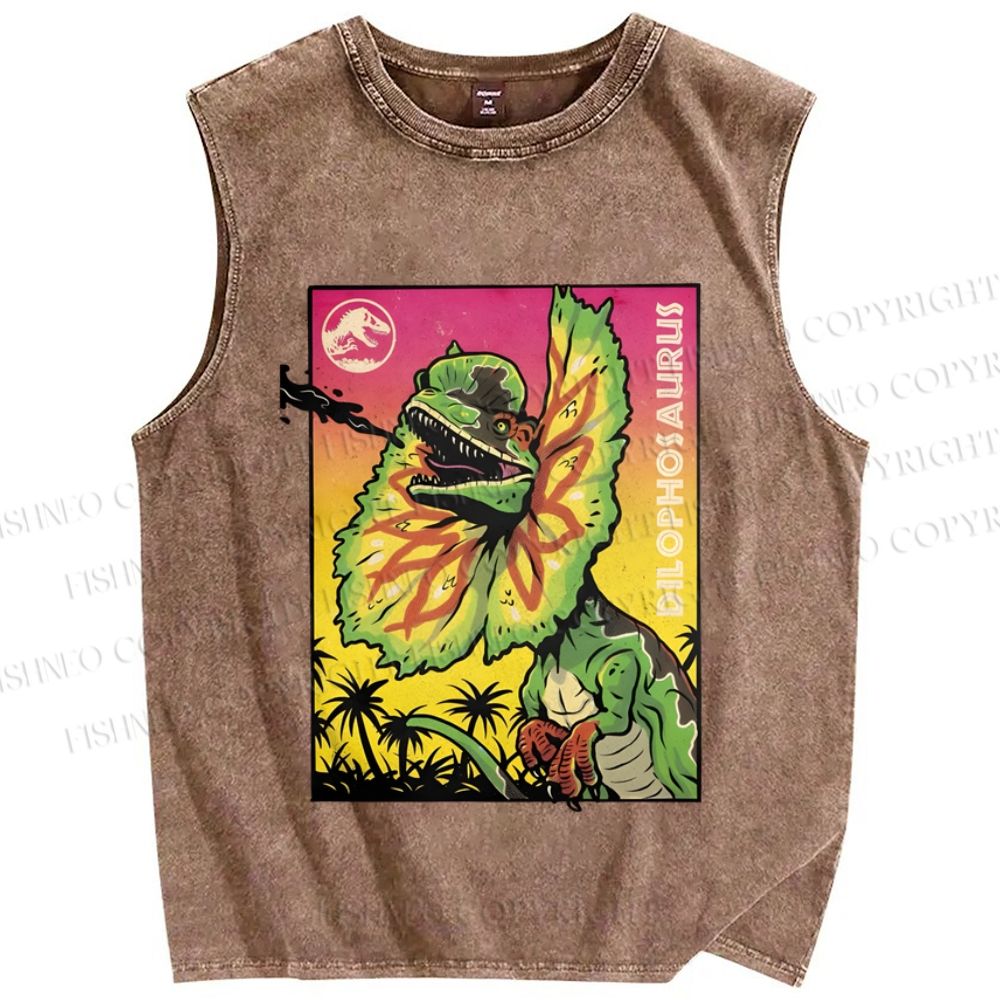Unisex Dinosaur Graffiti Vintage Printed Washed Tank Top